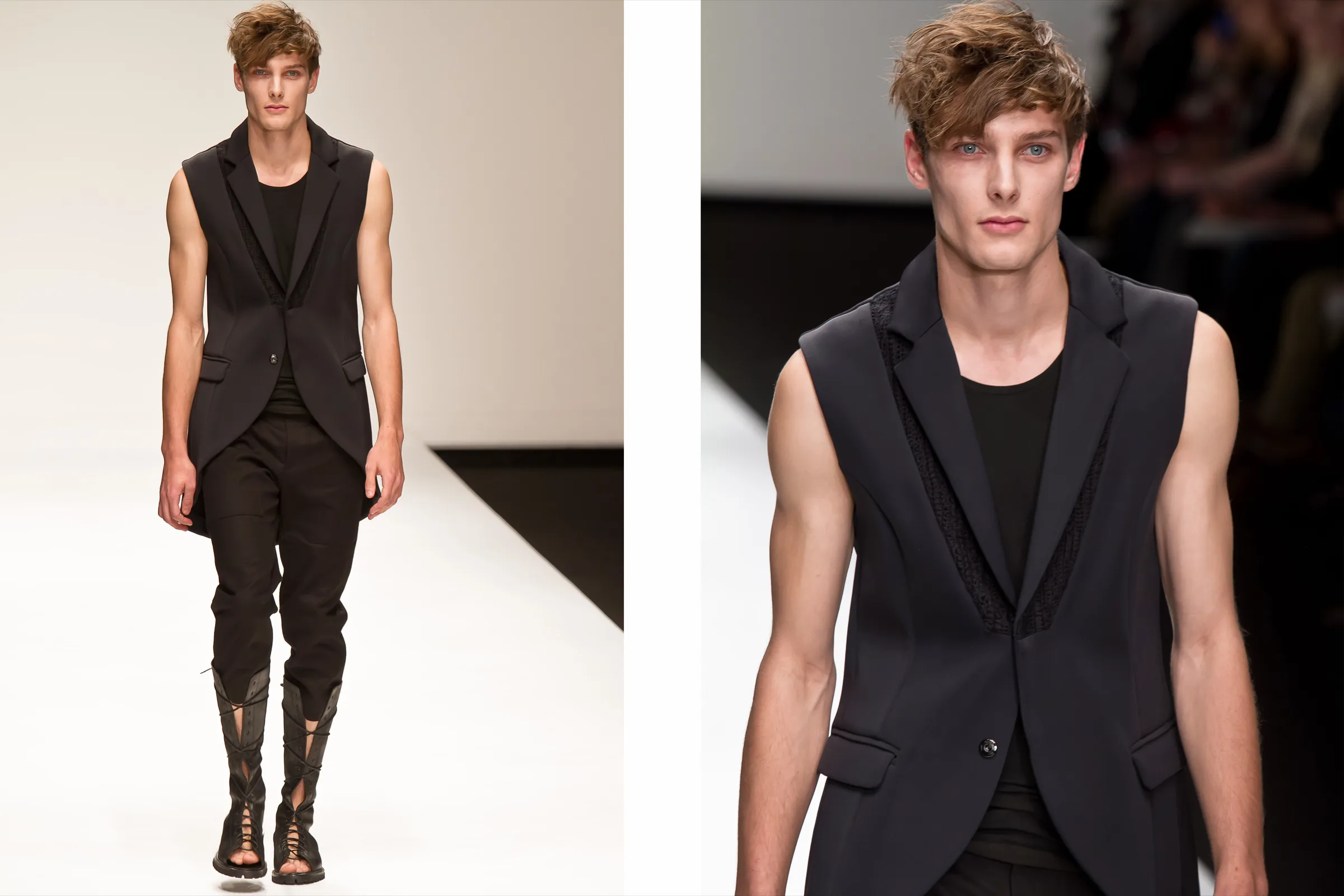 Male model in a black sleeveless jacket and lace-up boots, full length and close up on the runway, photographed by Vivek Pankaj