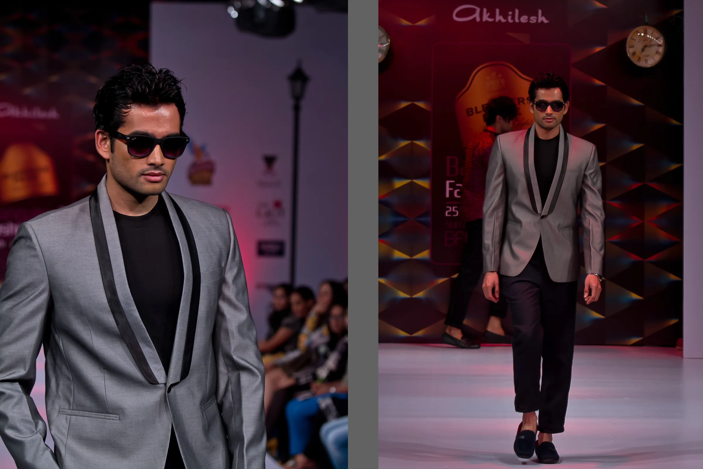 Male model in a grey shawl-collar jacket and sunglasses walking the Bangalore Fashion Week runway, photographed by Vivek Pankaj