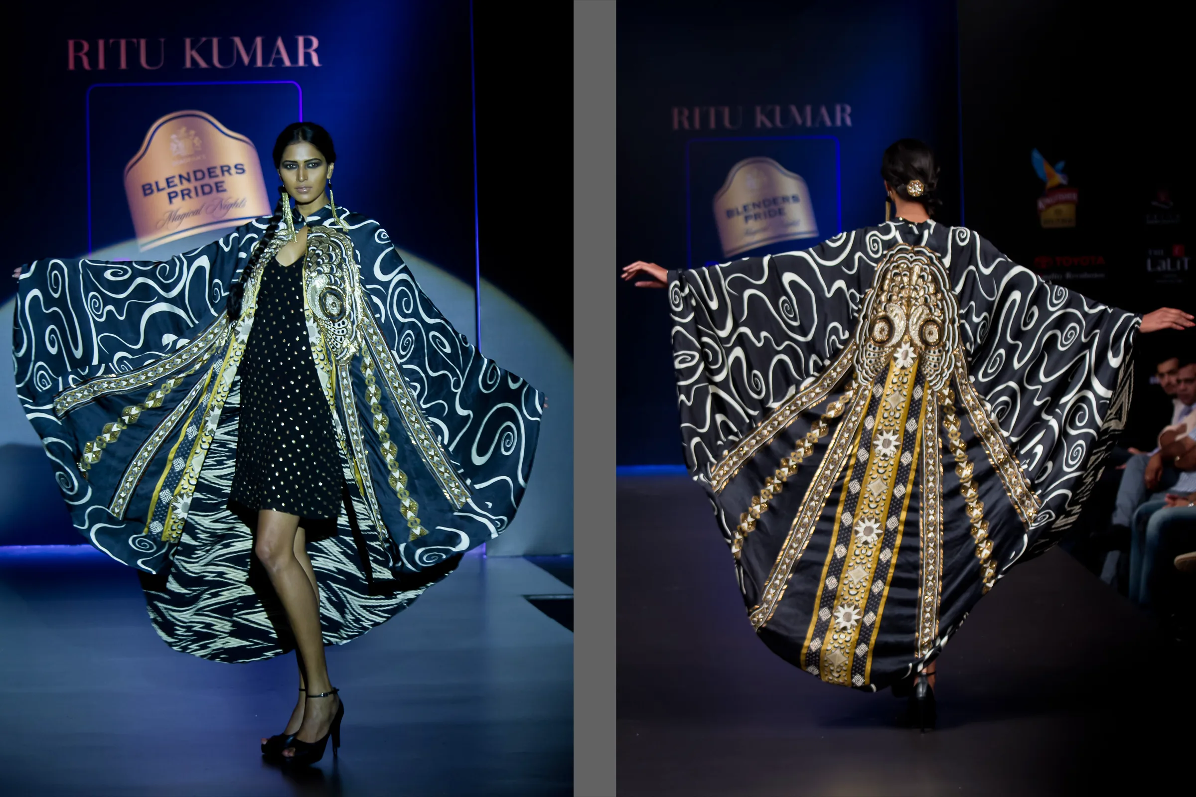 Model in a black and gold printed cape over a polka-dot dress on the Bangalore Fashion Week runway, photographed by Vivek Pankaj