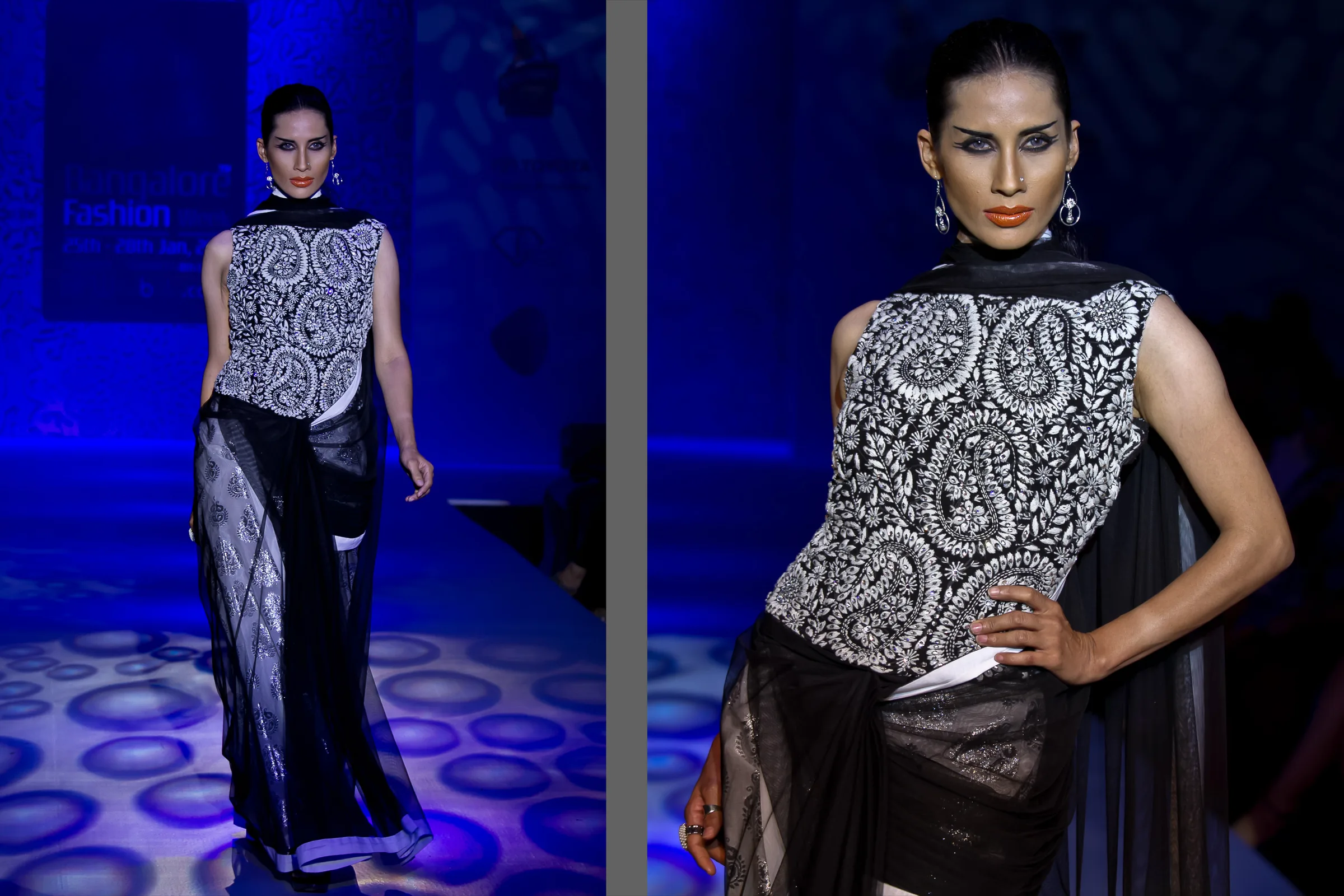 Model in a black and white paisley-print top with a draped skirt under blue runway light at Bangalore Fashion Week, photographed by Vivek Pankaj