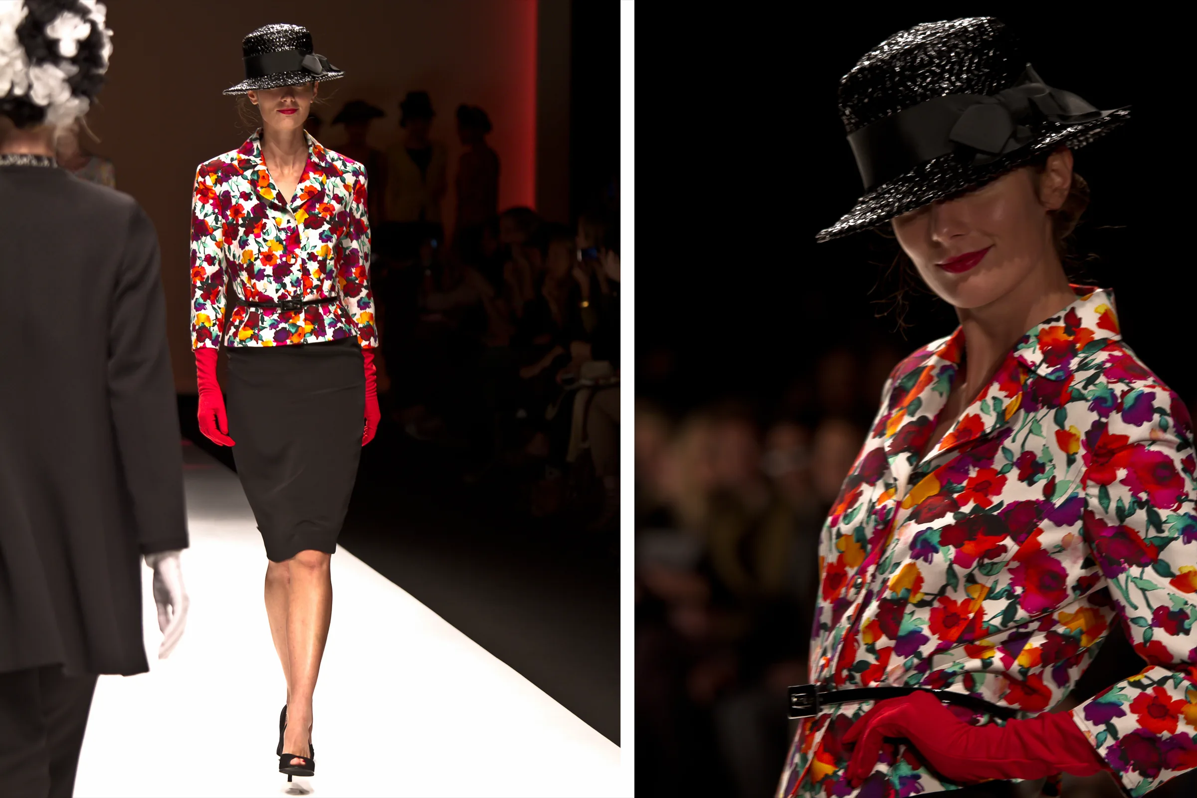 Model in a black hat and red floral jacket with red gloves, full length and close up on the runway, photographed by Vivek Pankaj