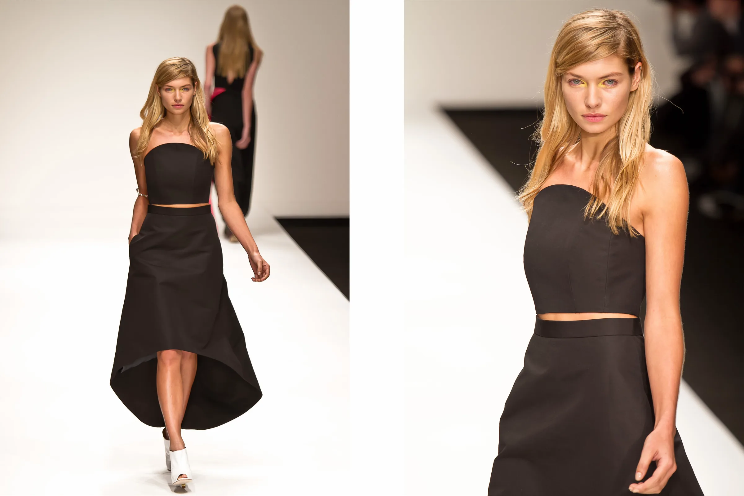 Model in a black strapless crop top and high-low skirt on the runway, full length and close up, photographed by Vivek Pankaj