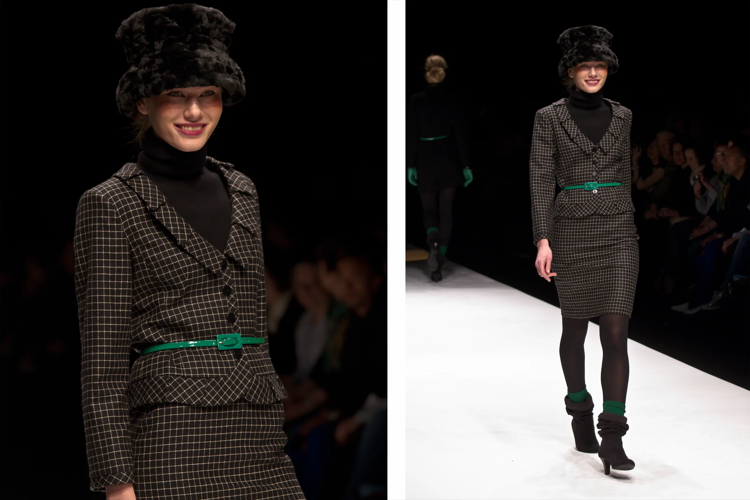 Model in a fur hat and tweed skirt suit with a green belt, close up and walking the runway, photographed by Vivek Pankaj