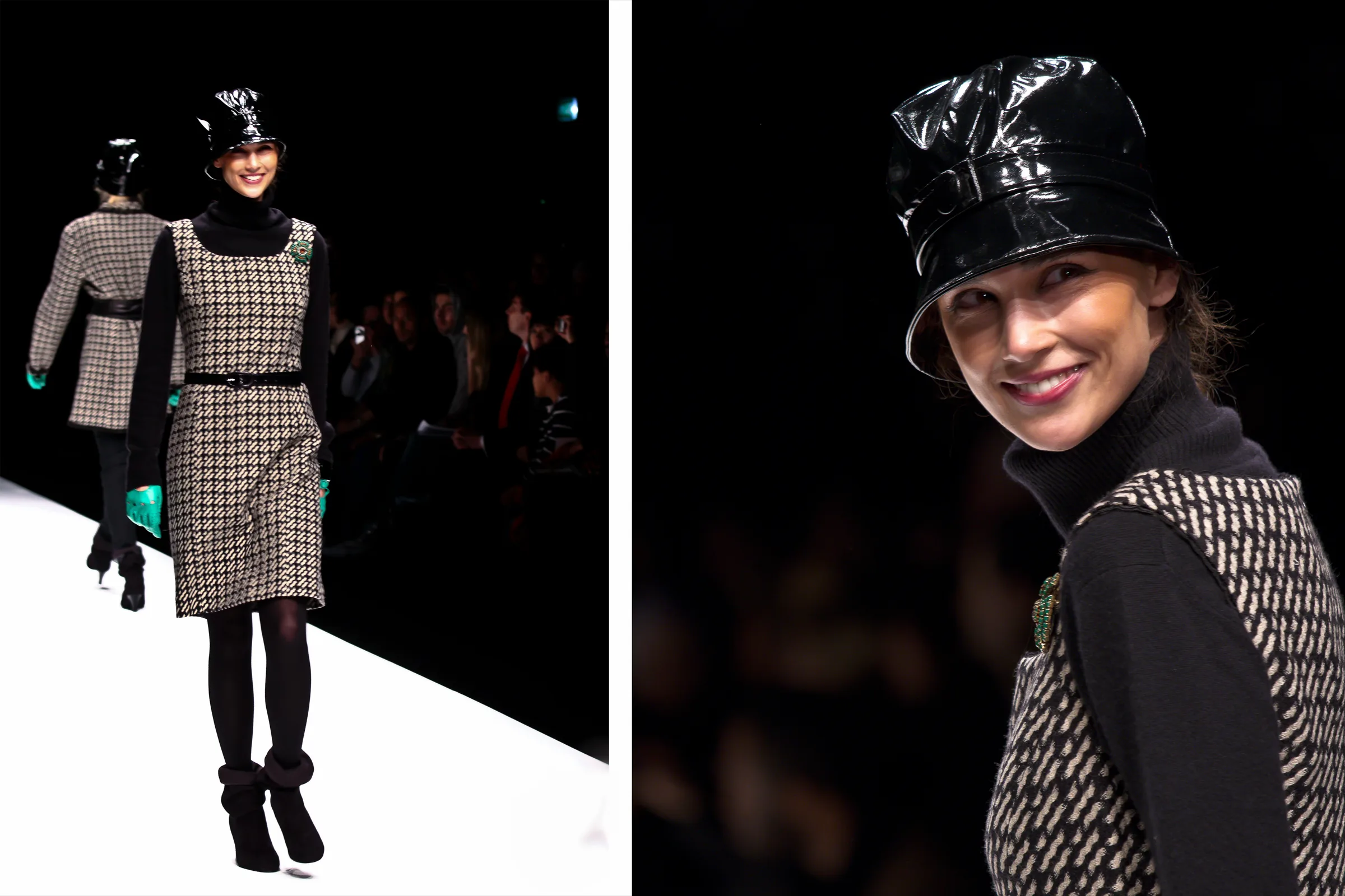 Model in a glossy black hat and houndstooth dress, full length on the runway and smiling in close up, photographed by Vivek Pankaj