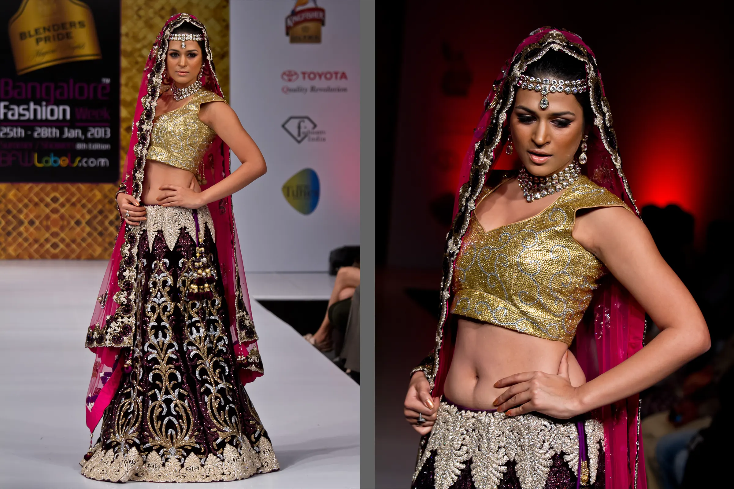 Model in a gold blouse and dark embroidered lehenga with a red dupatta over her head at Bangalore Fashion Week, photographed by Vivek Pankaj