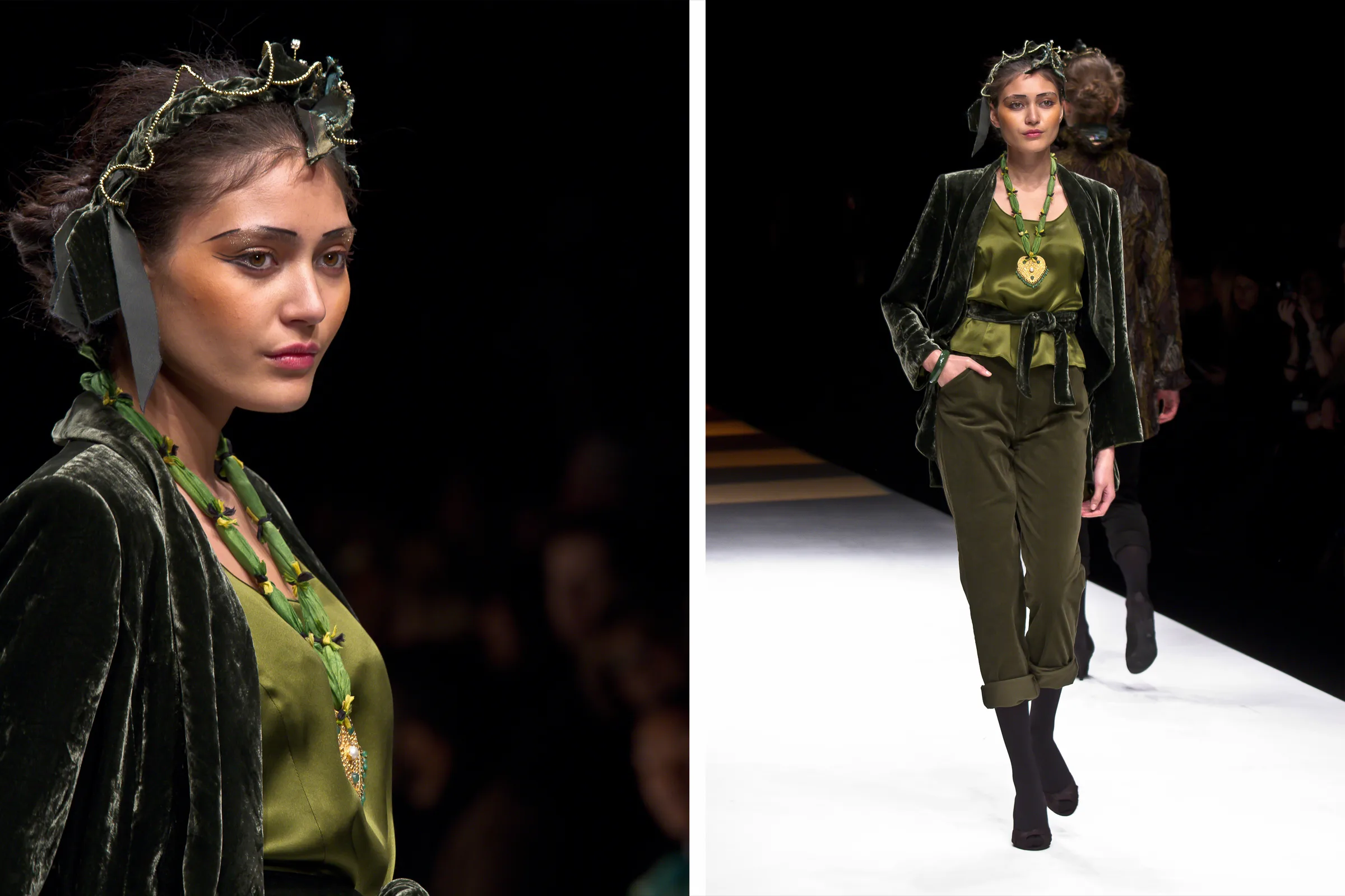 Model in a green velvet jacket and silk blouse with a leaf headpiece, close up and full length on the runway, photographed by Vivek Pankaj