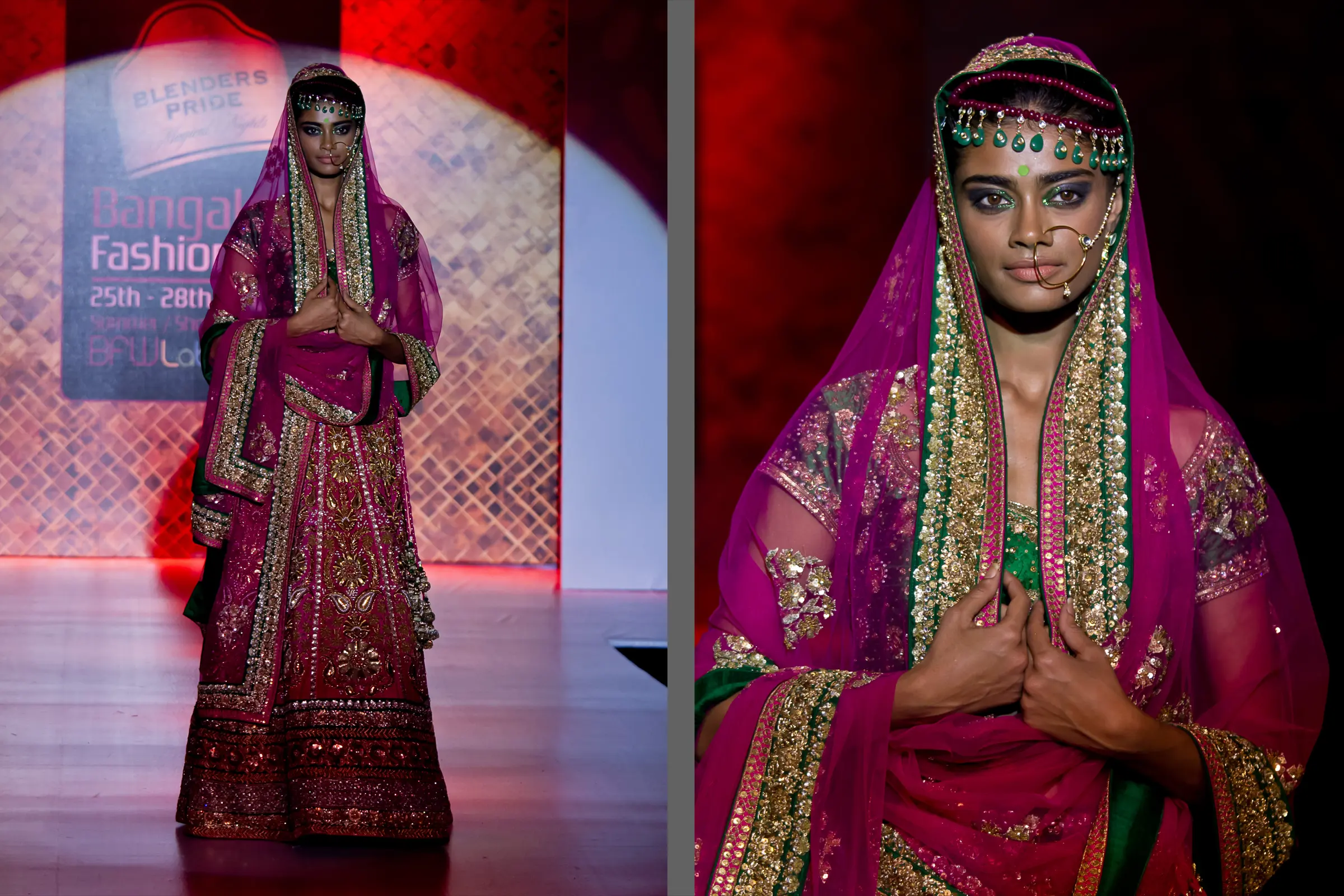 Model in a magenta embroidered lehenga with a veiled dupatta and gold jewellery at Bangalore Fashion Week, photographed by Vivek Pankaj