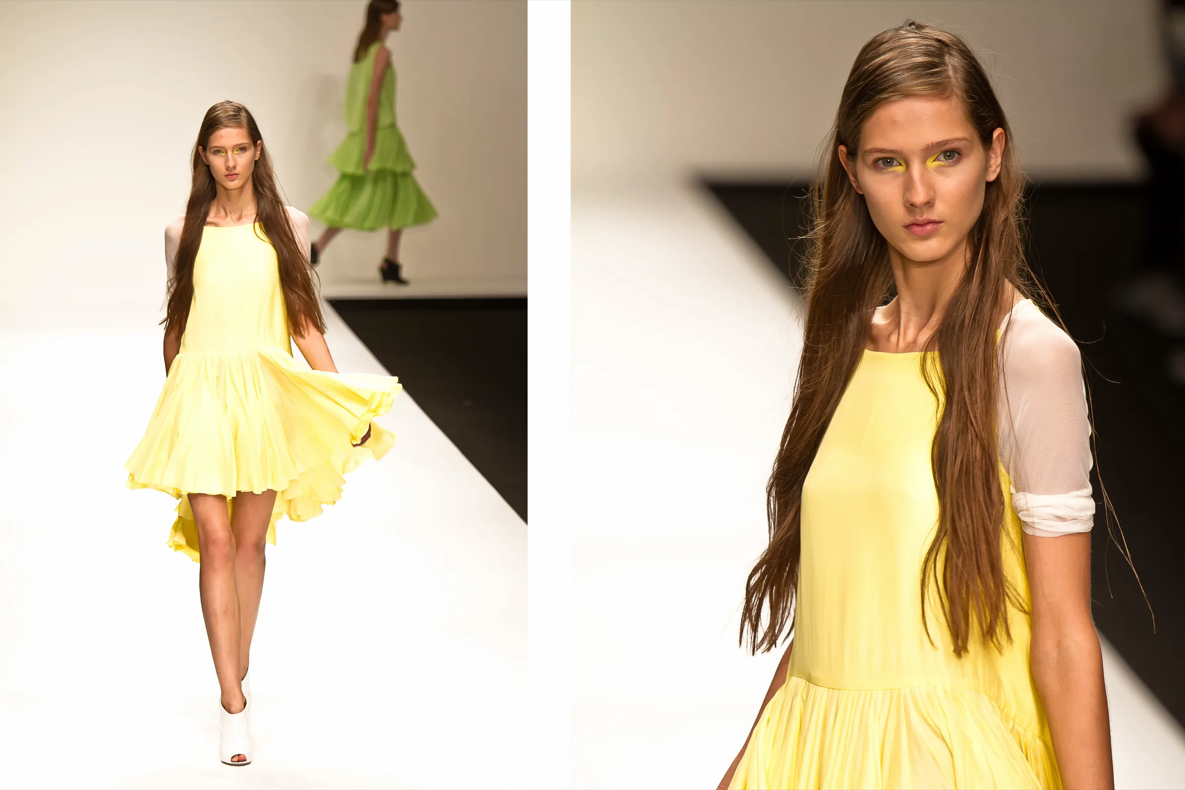 Model in a pale yellow dress with sheer sleeves, walking the runway and in close up, photographed by Vivek Pankaj