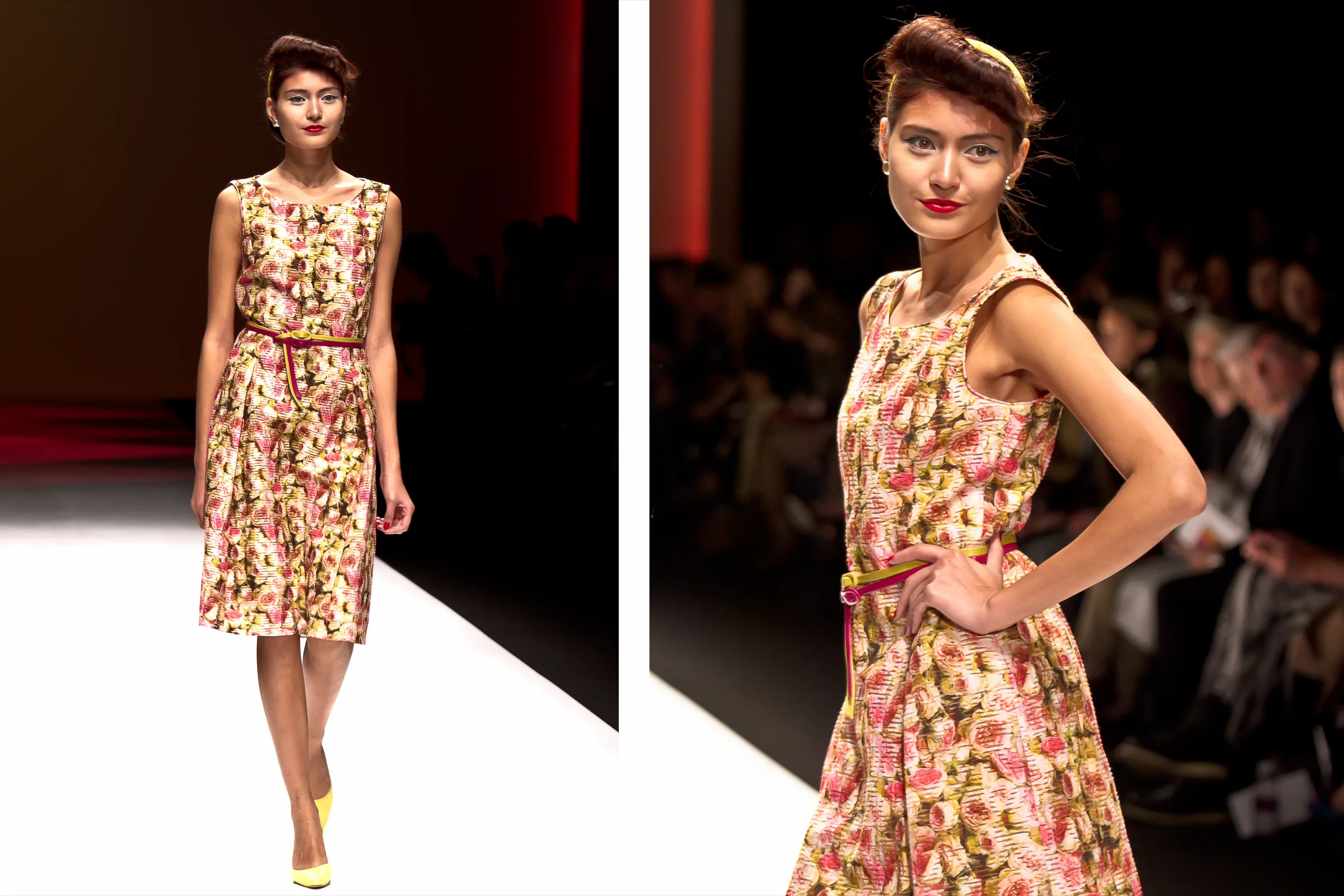 Model in a pastel floral belted dress with a vintage updo, full length and close up on the runway, photographed by Vivek Pankaj