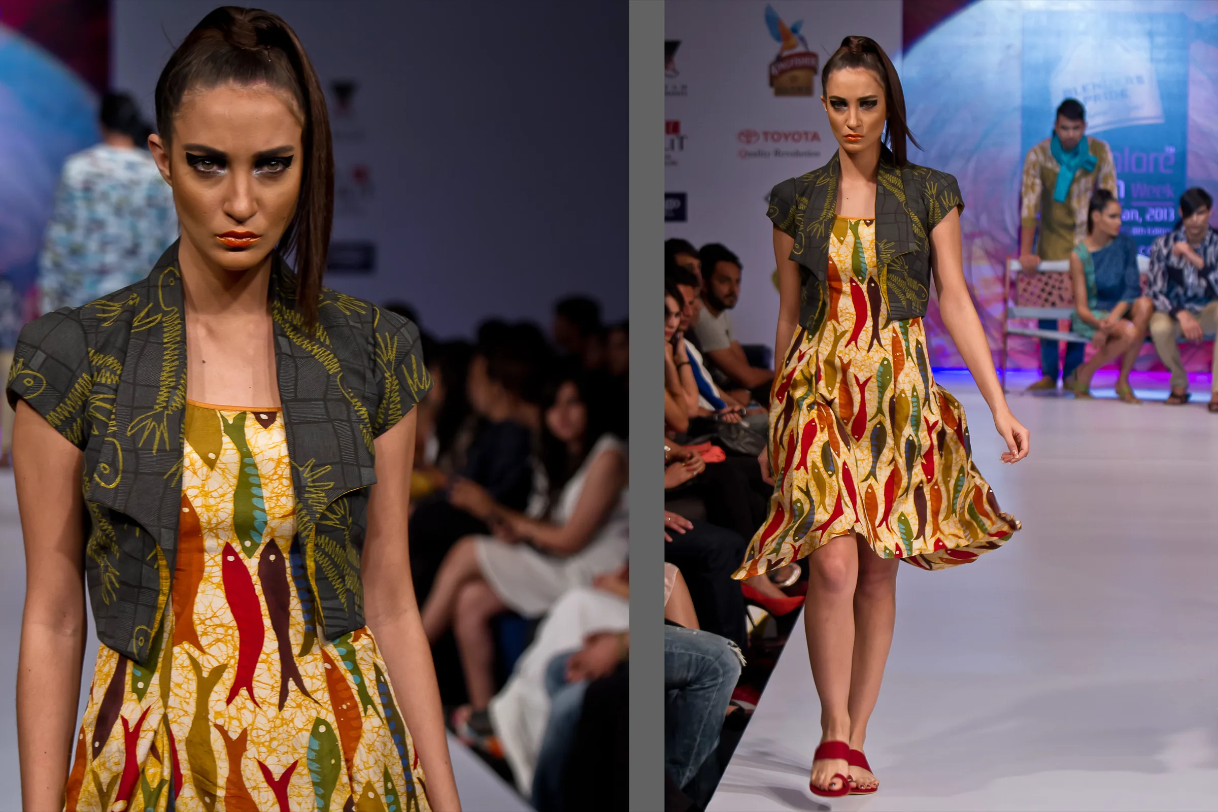Model in a printed dress and olive cropped jacket on the Bangalore Fashion Week runway, close up and full length, photographed by Vivek Pankaj