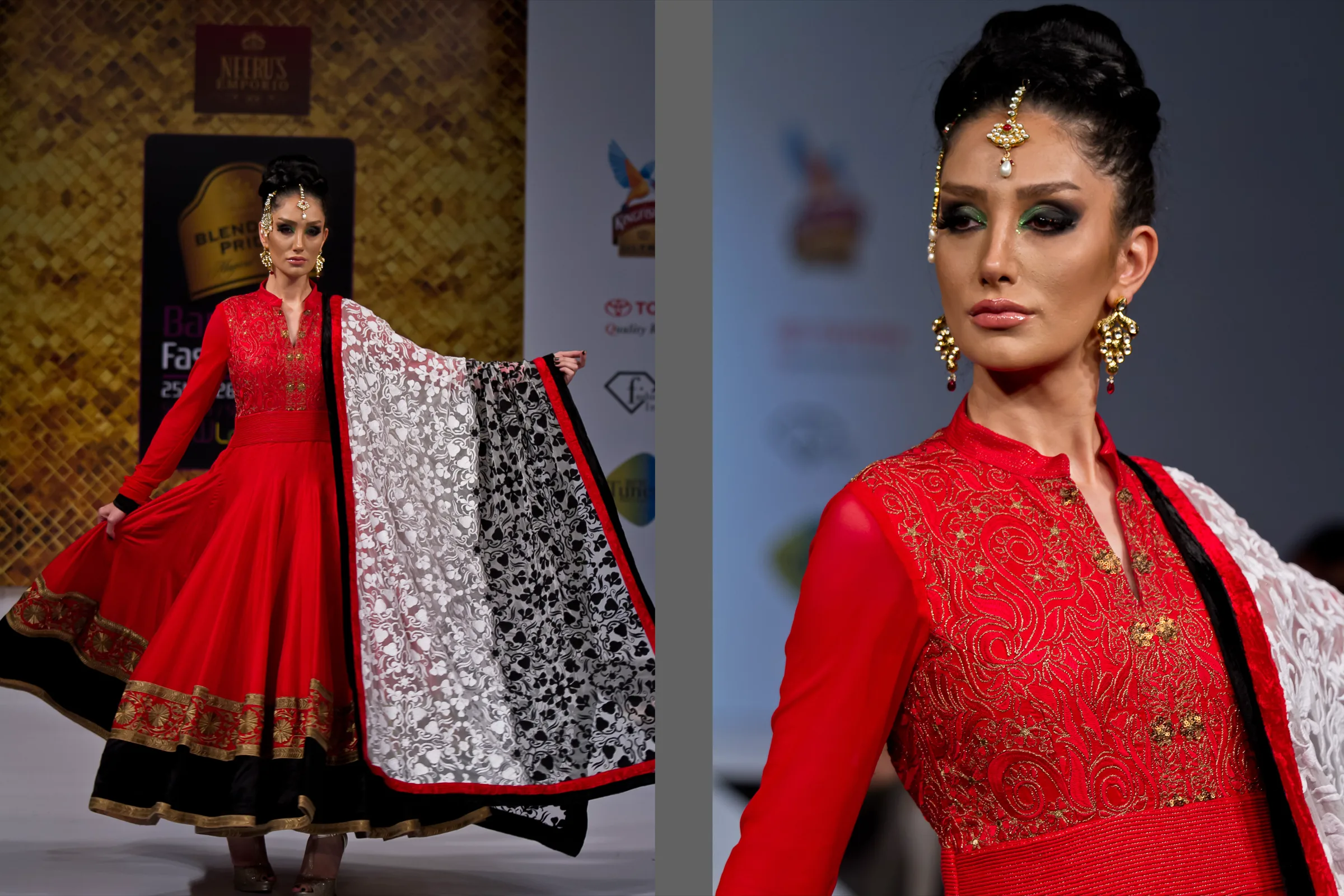 Model in a red anarkali with a black and white dupatta, full length and close up at Bangalore Fashion Week, photographed by Vivek Pankaj
