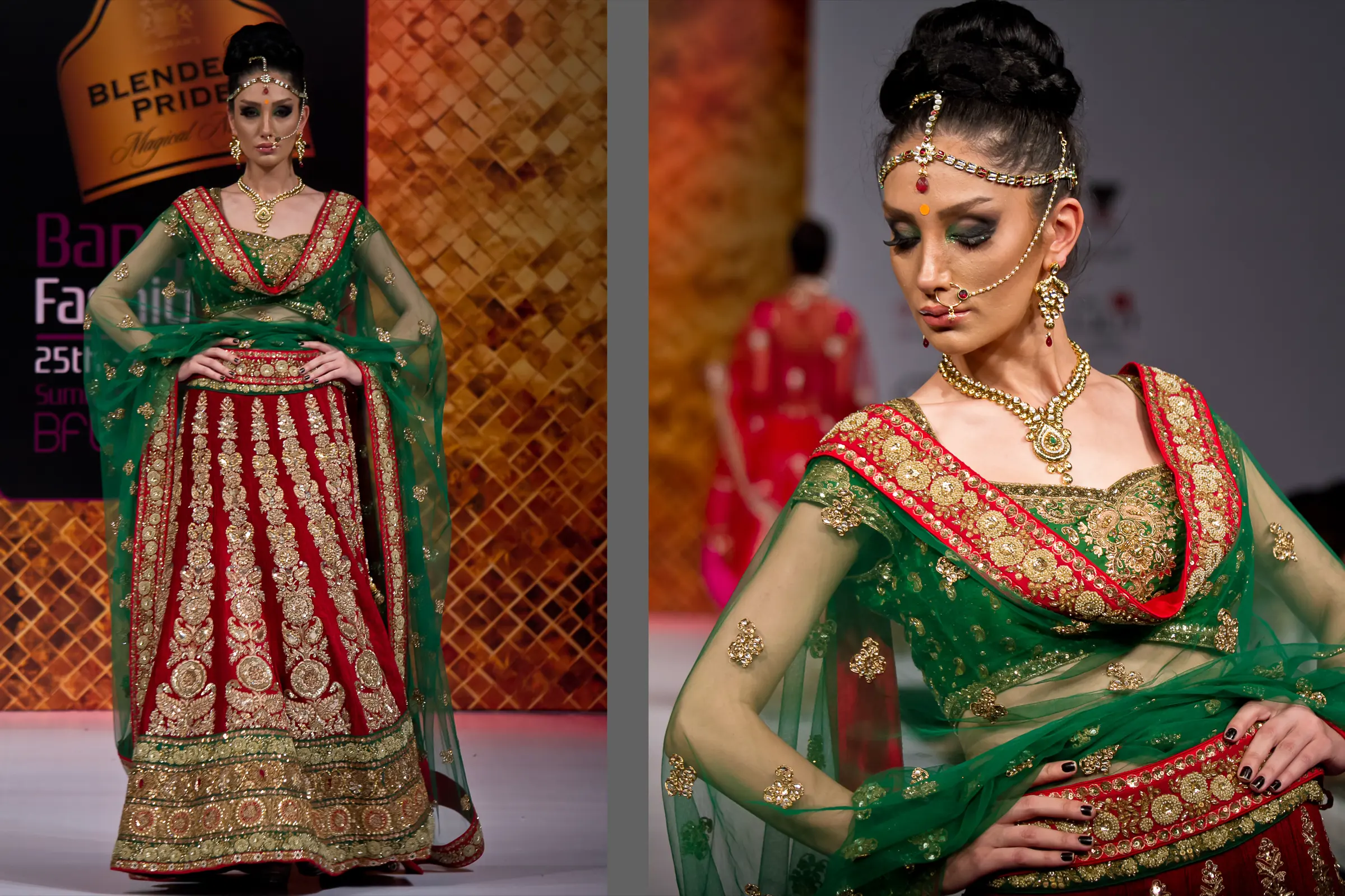 Model in a red and green embroidered bridal lehenga with a sheer green dupatta at Bangalore Fashion Week, photographed by Vivek Pankaj
