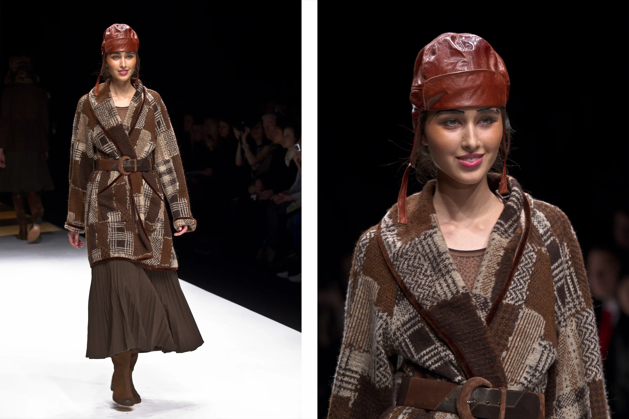 Model in a red leather cap and belted check coat over a long skirt, full length and close up on the runway, photographed by Vivek Pankaj
