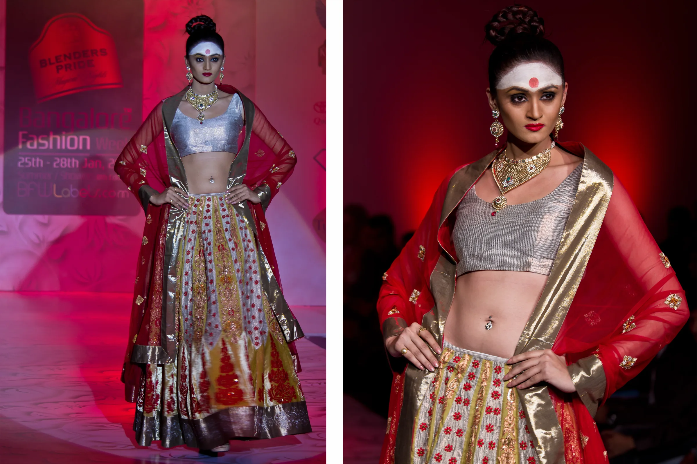 Model in a silver blouse and red-and-gold lehenga with a bindi, full length and close up, on the Bangalore Fashion Week runway, photographed by Vivek Pankaj