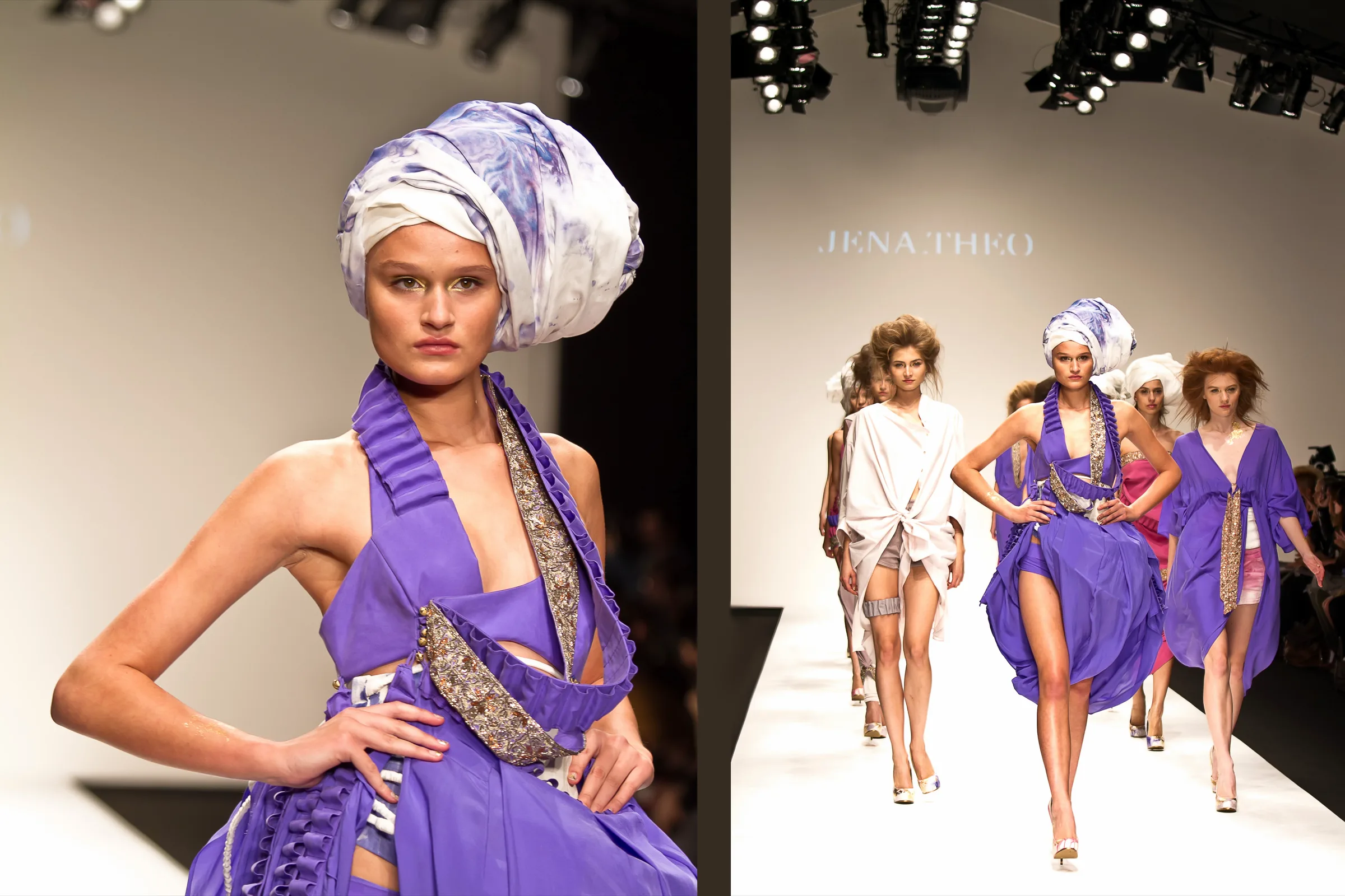 Model in a violet draped halter dress and silk turban, with the finale line walking behind her, fashion week runway photography by Vivek Pankaj