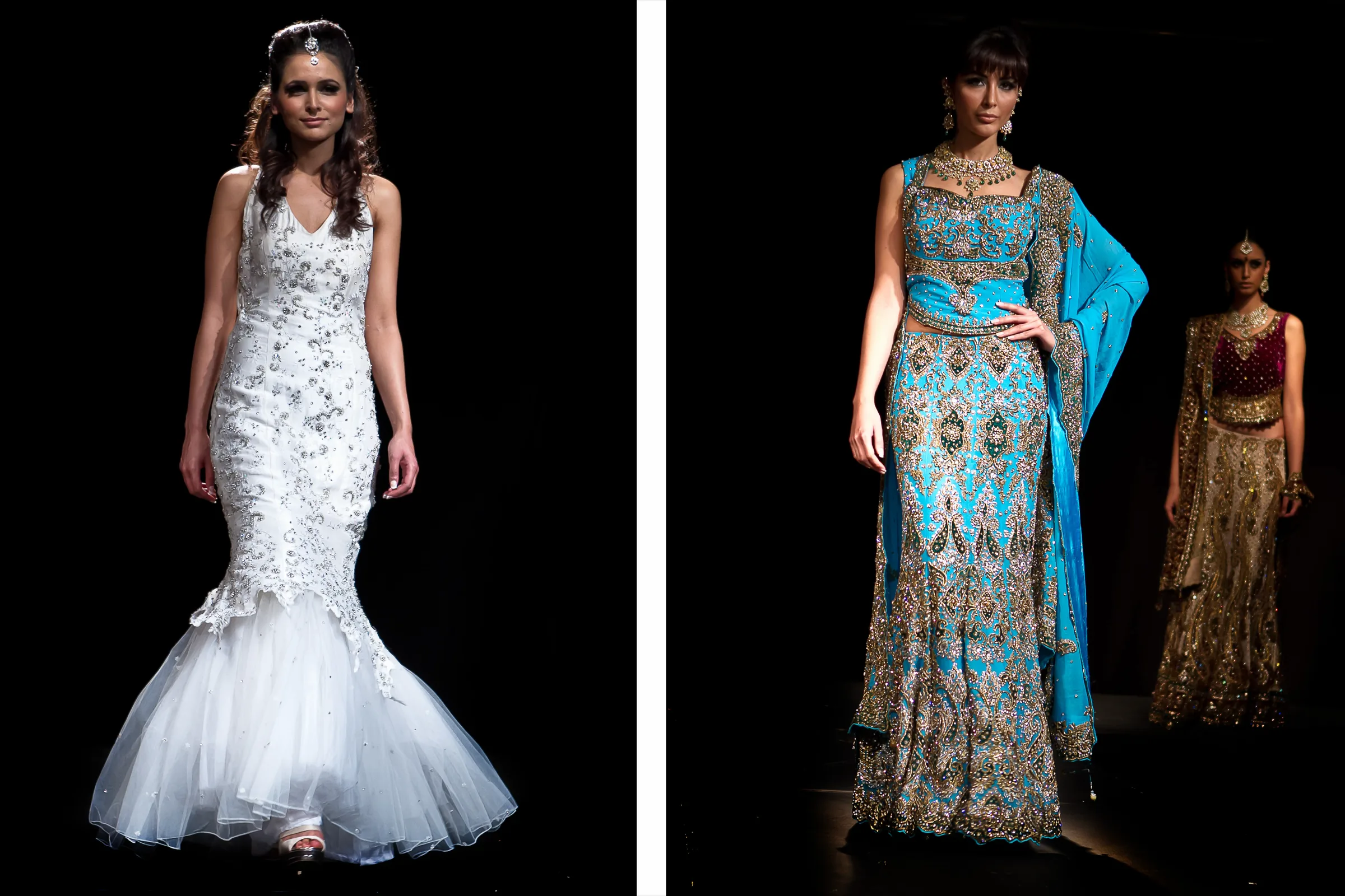 Model in a white embellished mermaid gown and a model in a turquoise lehenga on a dark runway, photographed by Vivek Pankaj