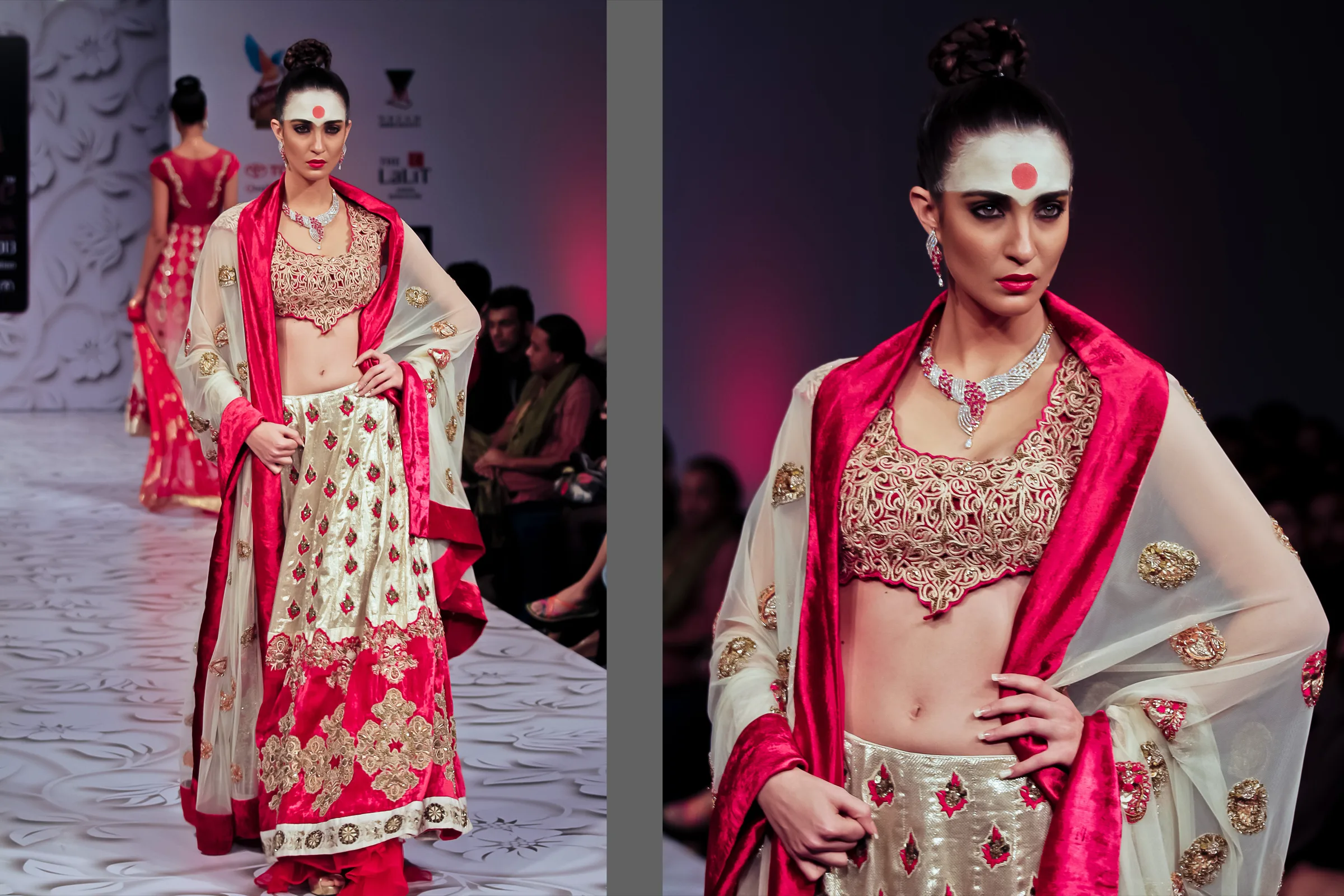 Model in an ivory and pink embroidered lehenga with a pink dupatta on the Bangalore Fashion Week runway, photographed by Vivek Pankaj