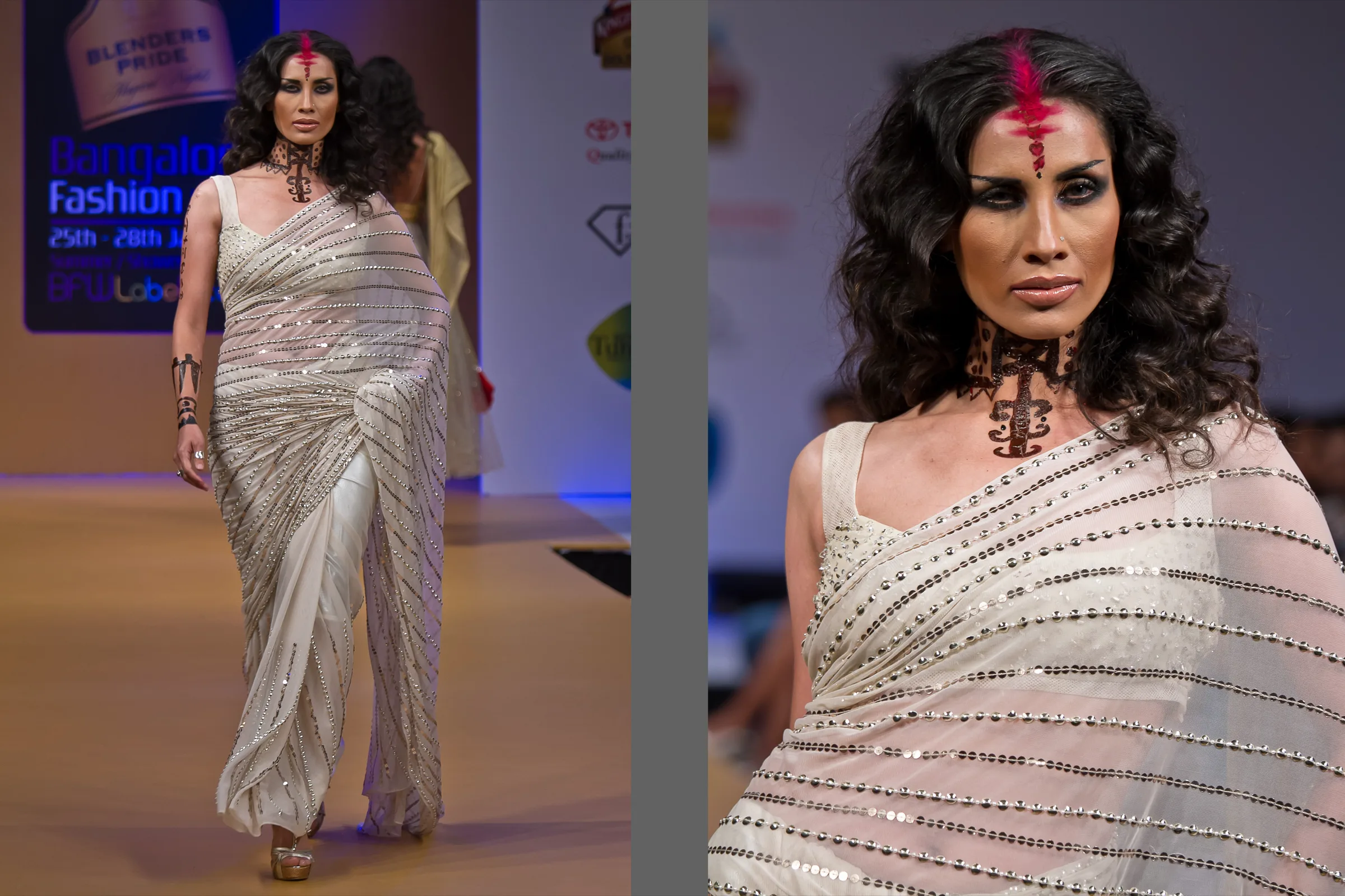 Model in an ivory sequinned saree with a statement choker on the Bangalore Fashion Week runway, photographed by Vivek Pankaj