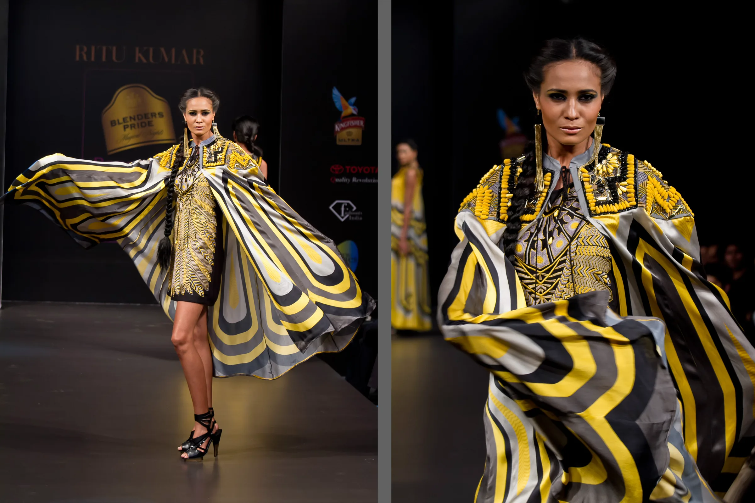 Model swirling a gold and black striped cape on the Bangalore Fashion Week runway, captured in motion by Vivek Pankaj
