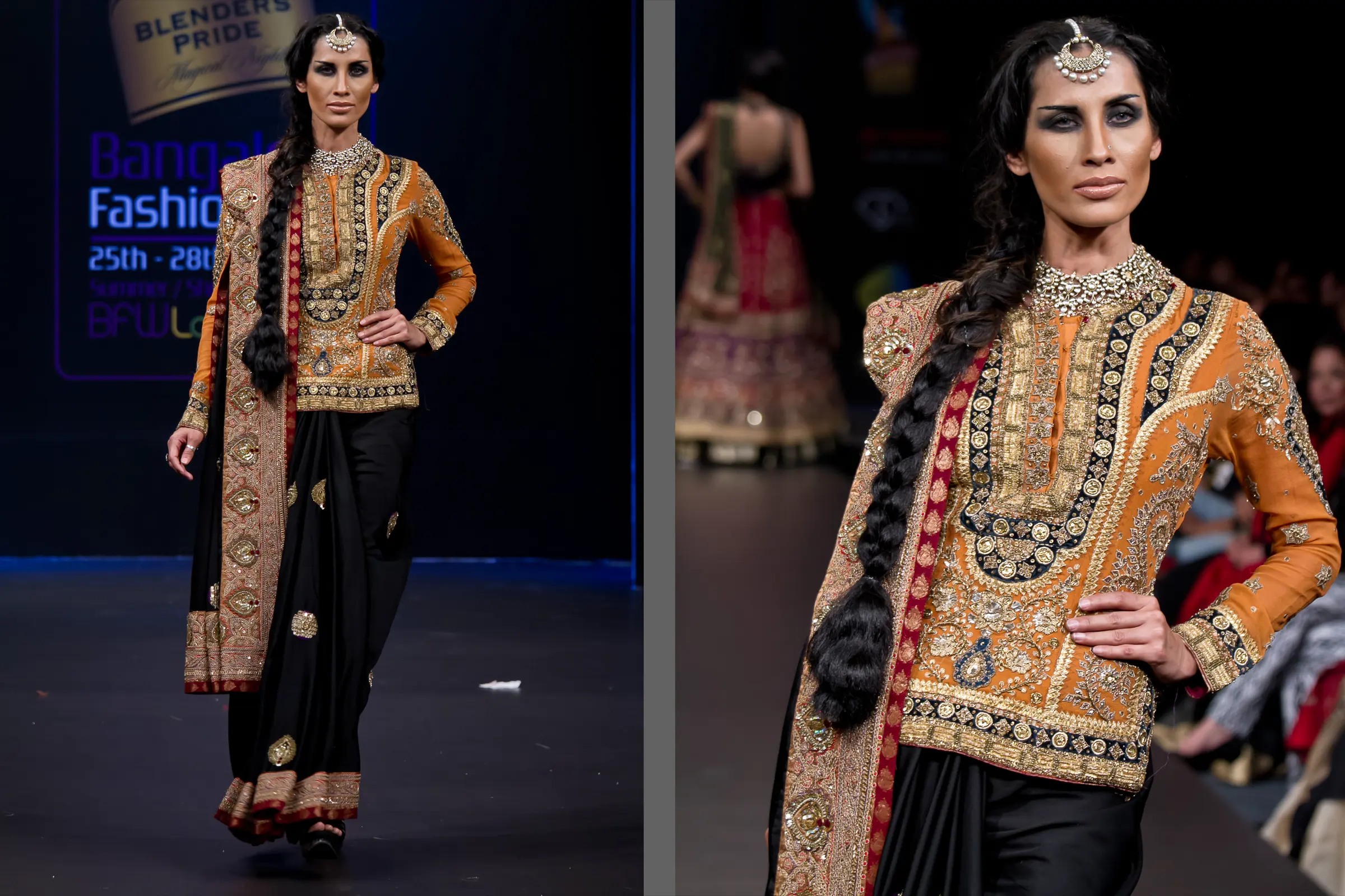 Model with a long braid in an orange embroidered jacket over a black saree at Bangalore Fashion Week, photographed by Vivek Pankaj