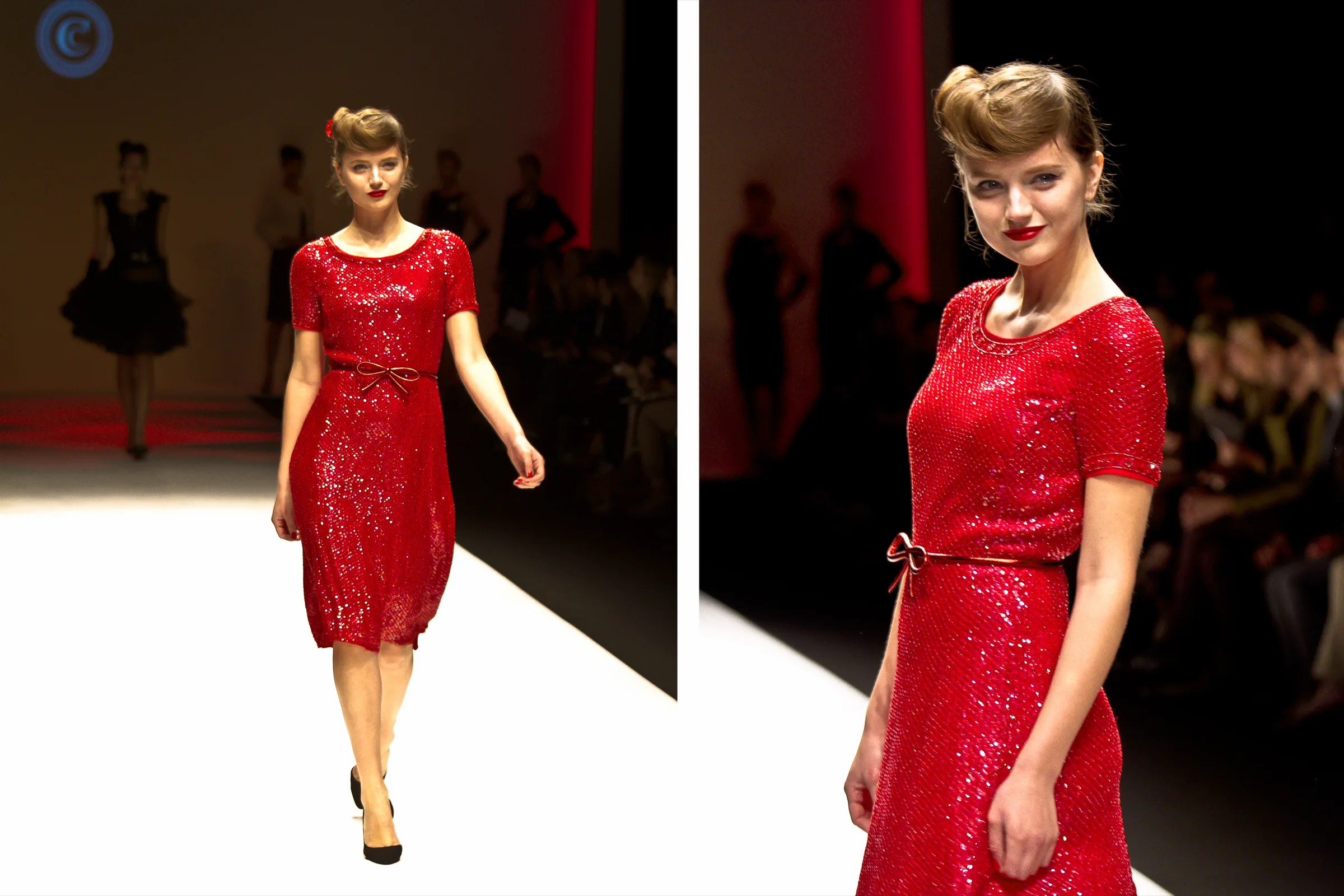 Model with a vintage pin-curl updo in a red sequinned shift dress, full length and close up on the runway, photographed by Vivek Pankaj
