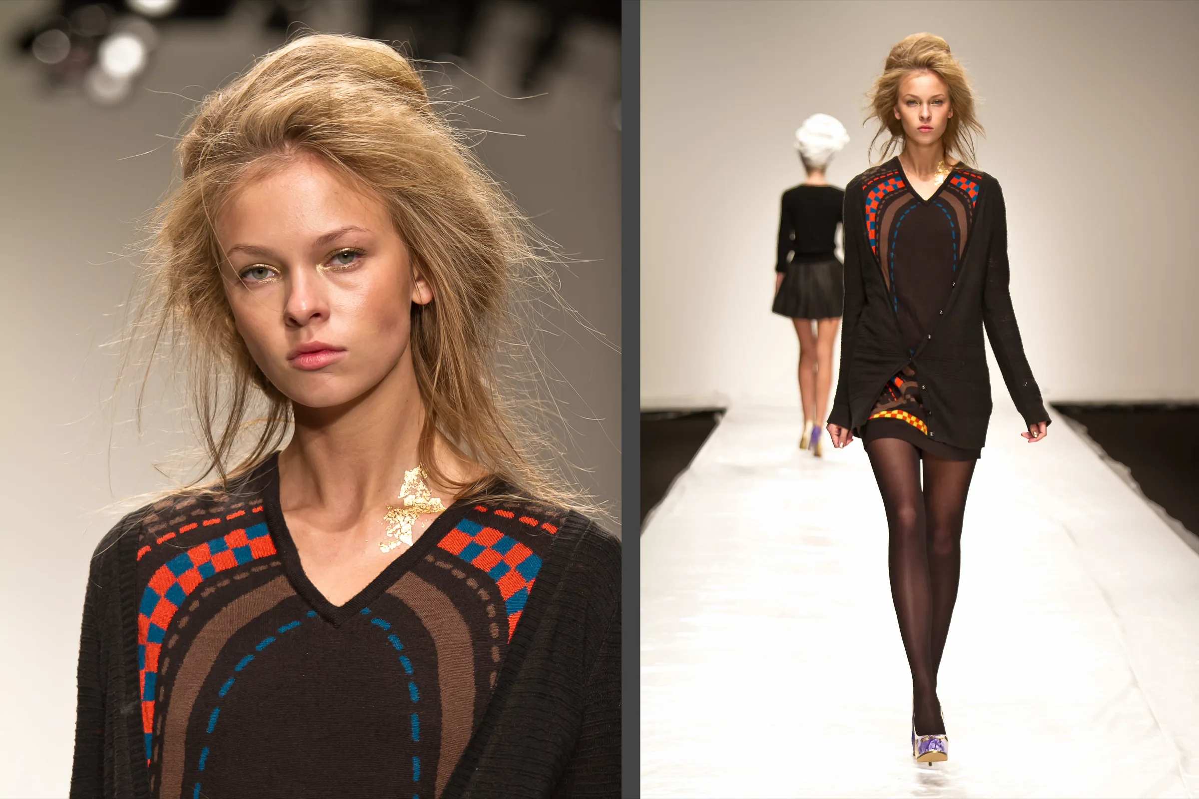 Model with tousled hair in a black knit dress with a geometric embroidered neckline, close up and full length on the runway, photographed by Vivek Pankaj