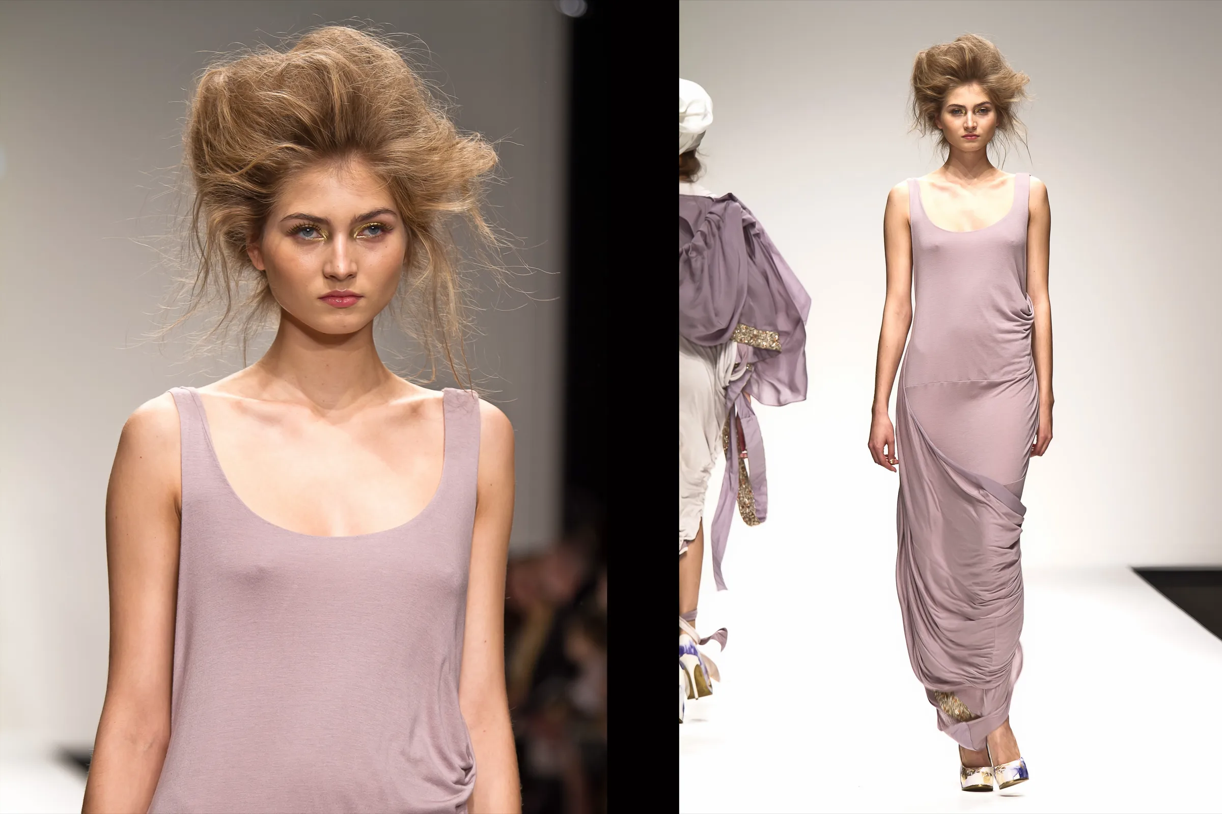 Model with voluminous hair in a lilac draped jersey dress, close up and full length on the runway, photographed by Vivek Pankaj