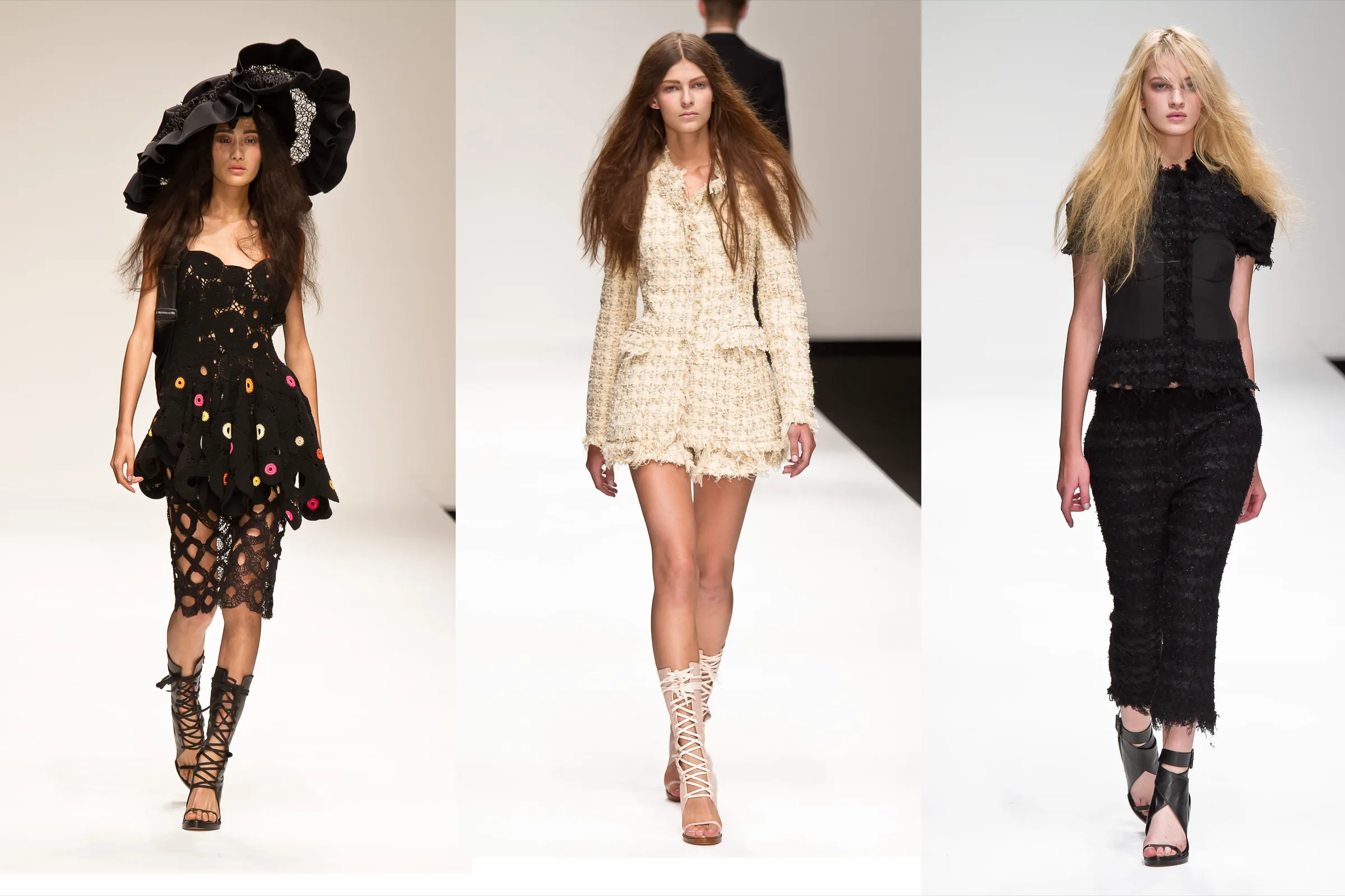 Three runway looks: a black embellished dress with a wide hat, a cream tweed jacket and a black cropped trouser suit, photographed by Vivek Pankaj