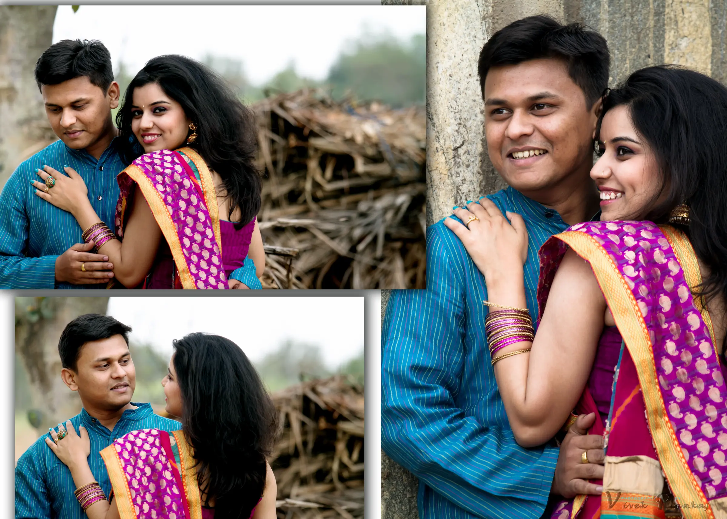 Couple in traditional clothes embracing and smiling beside stacked firewood on a rural pre-wedding shoot by Vivek Pankaj