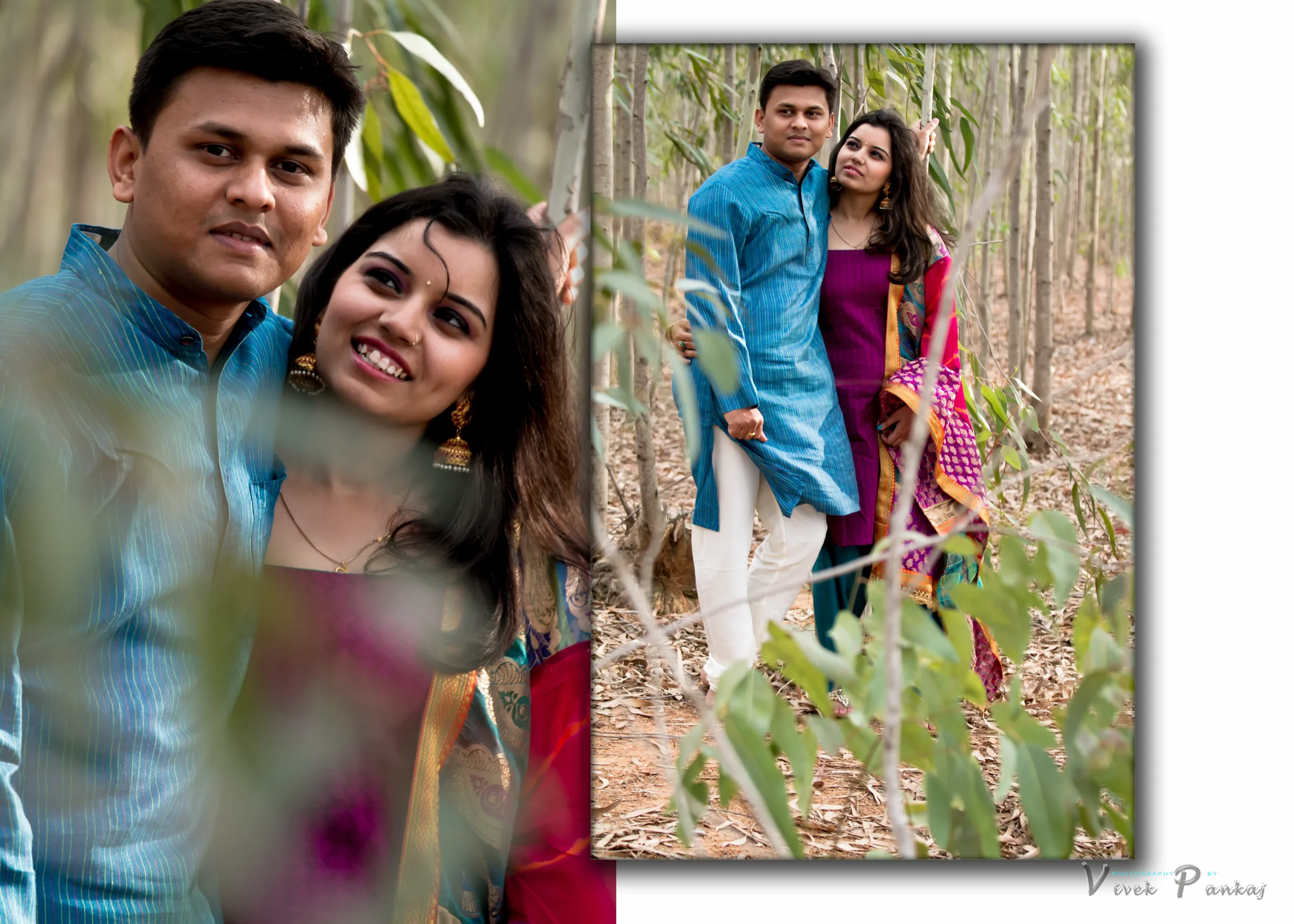 Couple posing close among slender trees in traditional clothes, pre-wedding photography by Vivek Pankaj