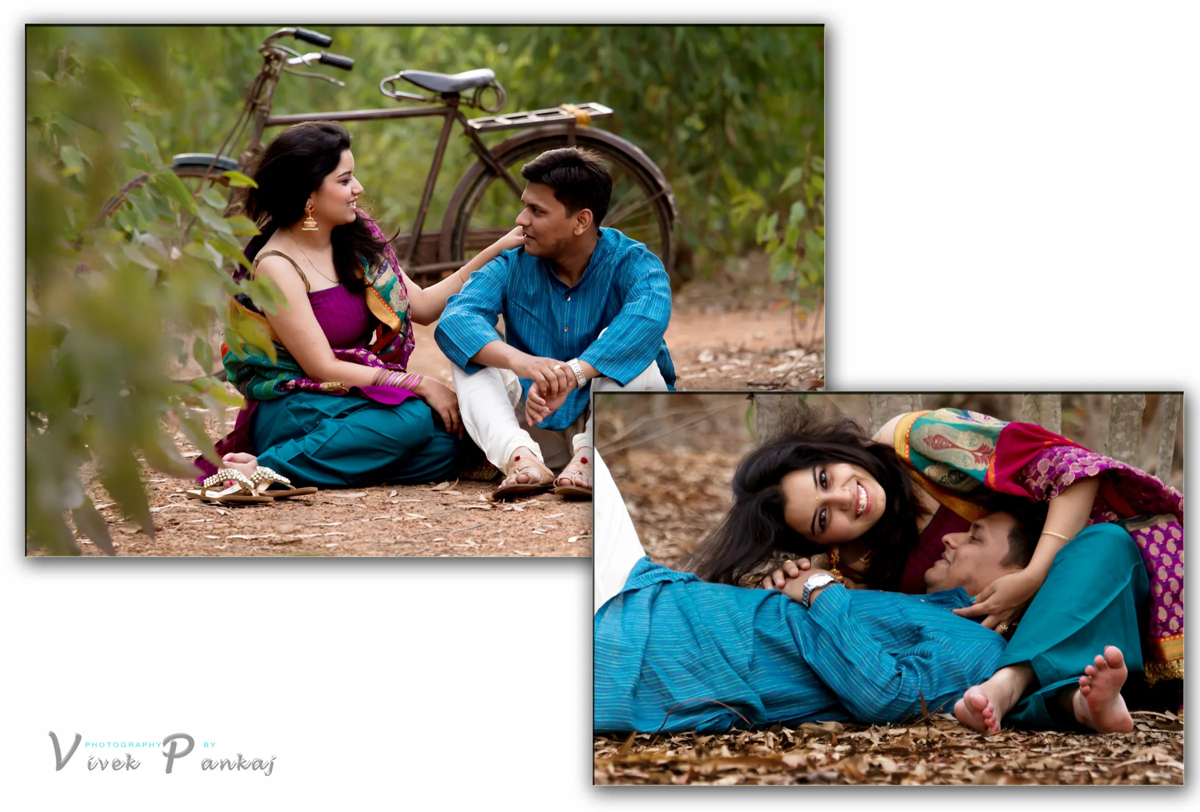 Couple sitting and lying together on fallen leaves beside a bicycle on a rural pre-wedding shoot by Vivek Pankaj