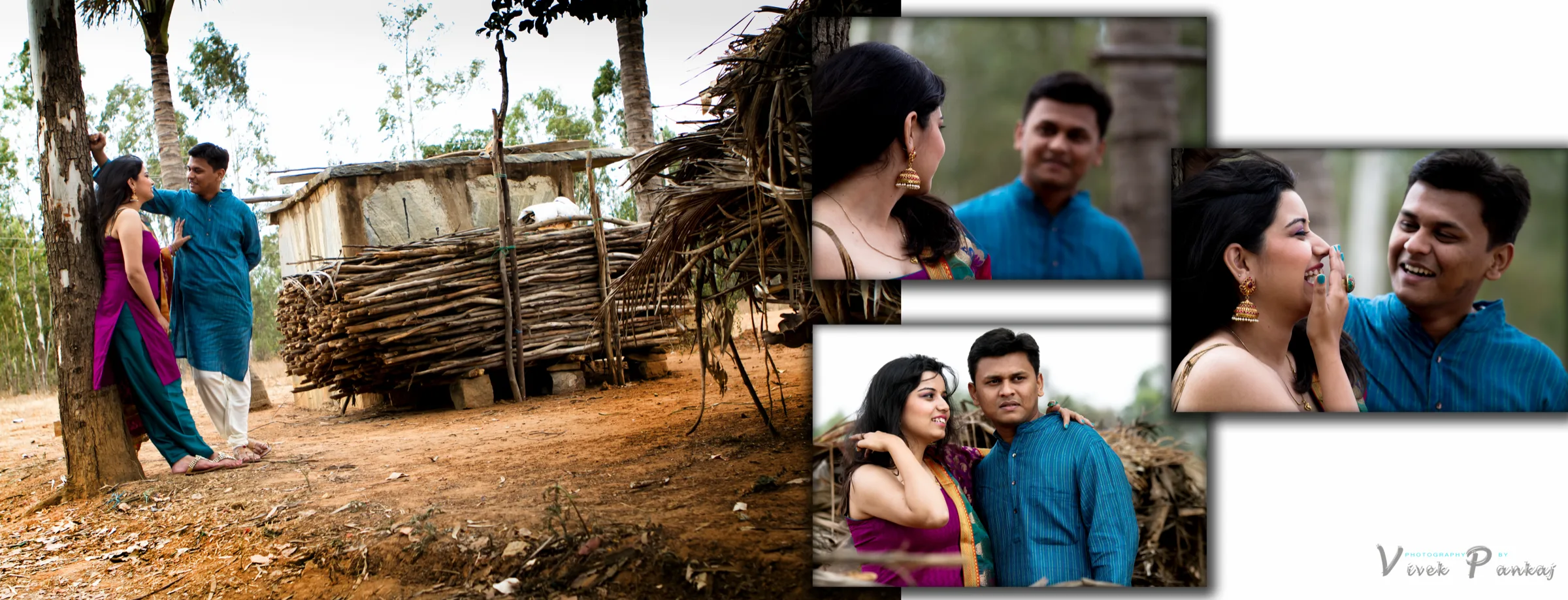 Couple walking by a thatched woodpile in the countryside, with close-up frames of them laughing, pre-wedding photography by Vivek Pankaj