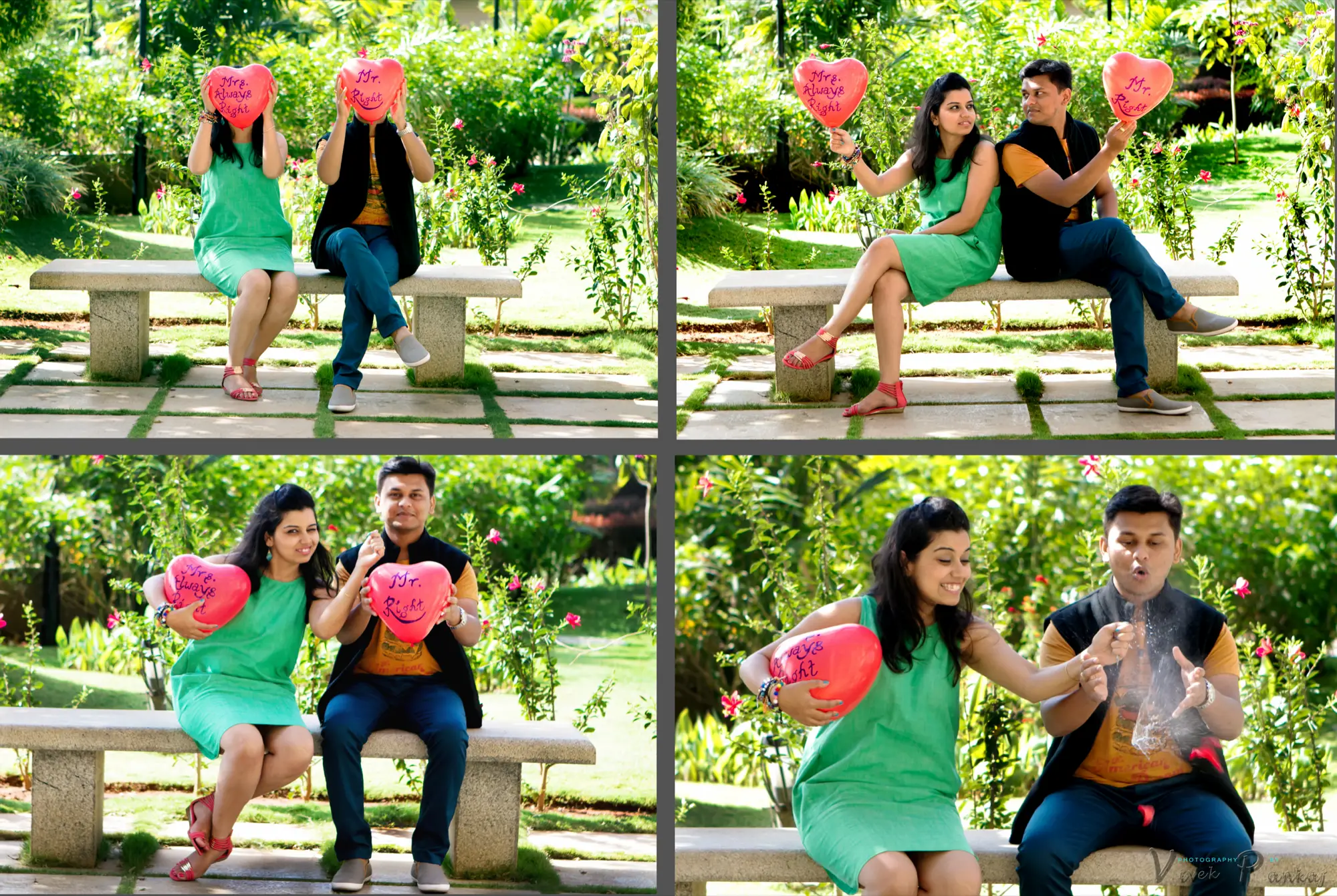 Four frames of a couple with heart balloons on a garden bench, playful pre-wedding photography by Vivek Pankaj